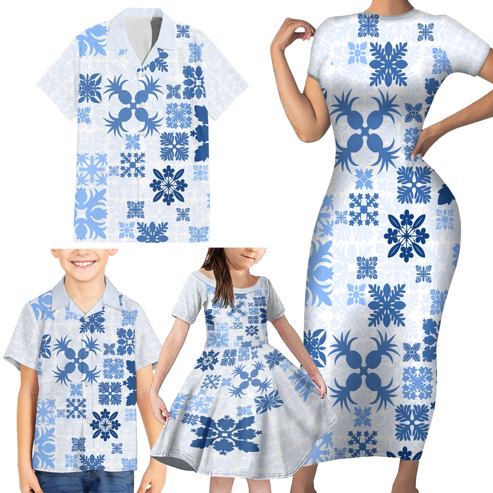 Vintage Hawaii Family Matching Short Sleeve Bodycon Dress and Hawaiian Shirt Hawaiian Quilt Kapa Mismatch Blue - Wonder Print Shop