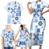 Vintage Hawaii Family Matching Short Sleeve Bodycon Dress and Hawaiian Shirt Hawaiian Quilt Kapa Mismatch Blue - Wonder Print Shop