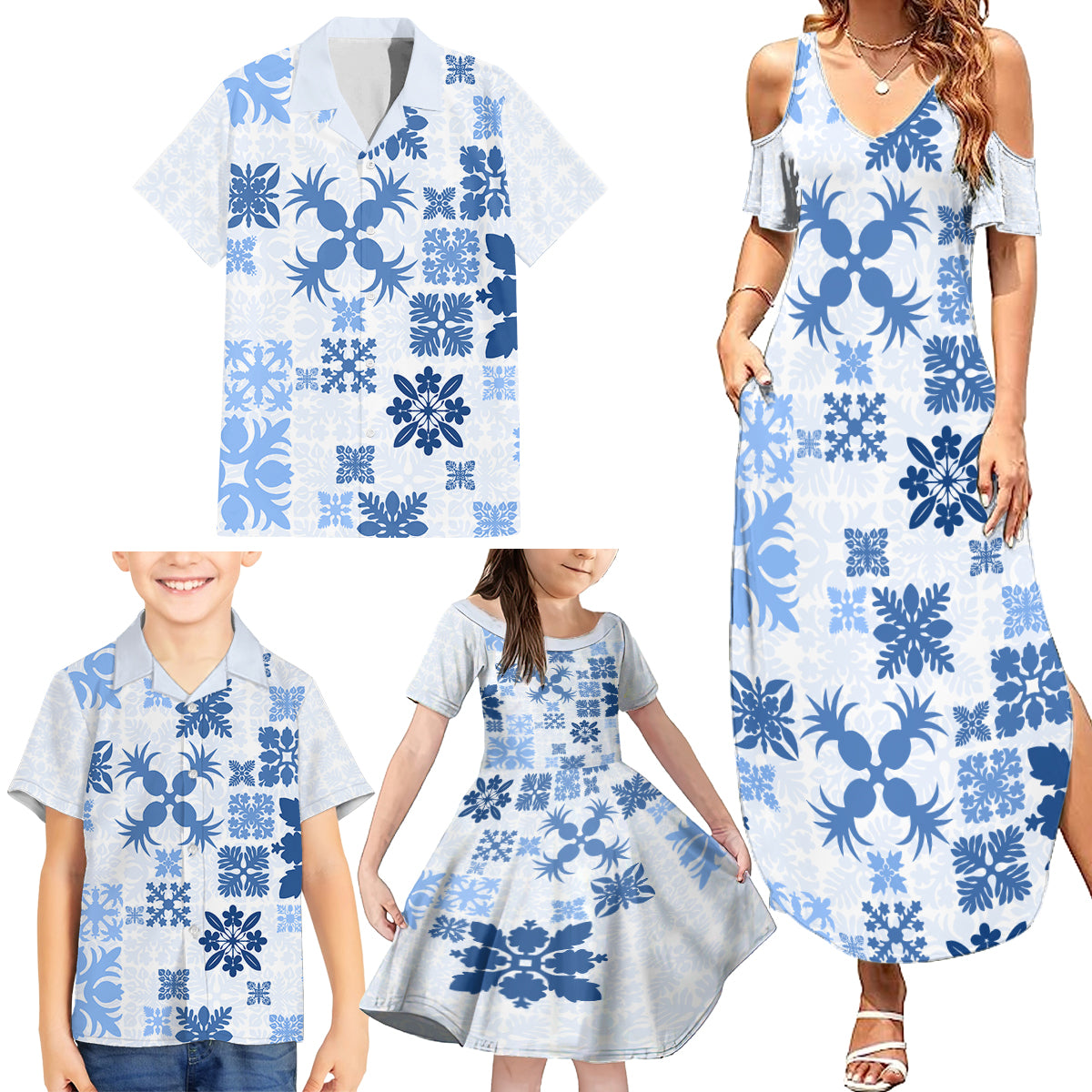 Vintage Hawaii Family Matching Summer Maxi Dress and Hawaiian Shirt Hawaiian Quilt Kapa Mismatch Blue - Wonder Print Shop