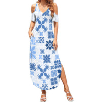 Vintage Hawaii Family Matching Summer Maxi Dress and Hawaiian Shirt Hawaiian Quilt Kapa Mismatch Blue - Wonder Print Shop