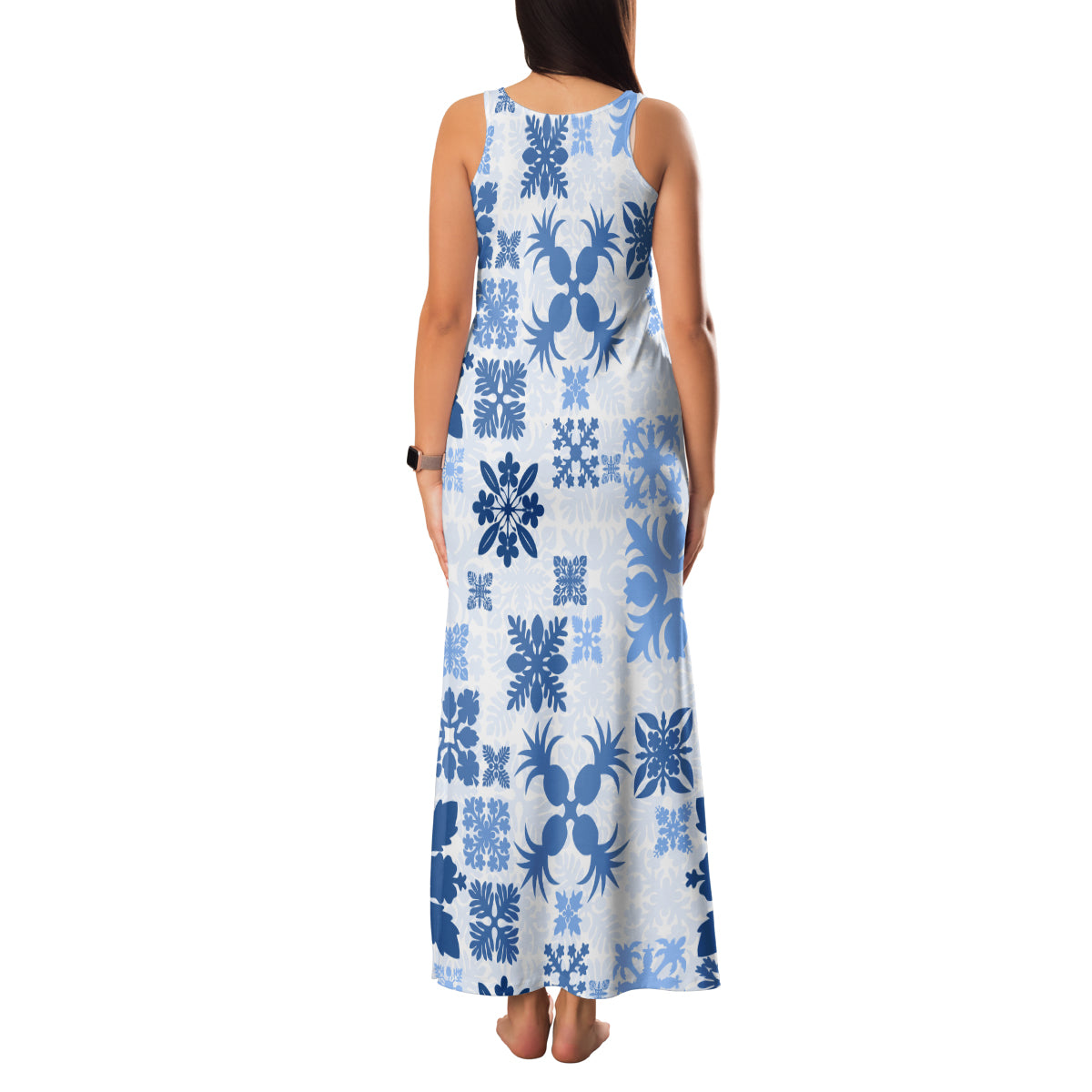 Vintage Hawaii Family Matching Tank Maxi Dress and Hawaiian Shirt Hawaiian Quilt Kapa Mismatch Blue - Wonder Print Shop