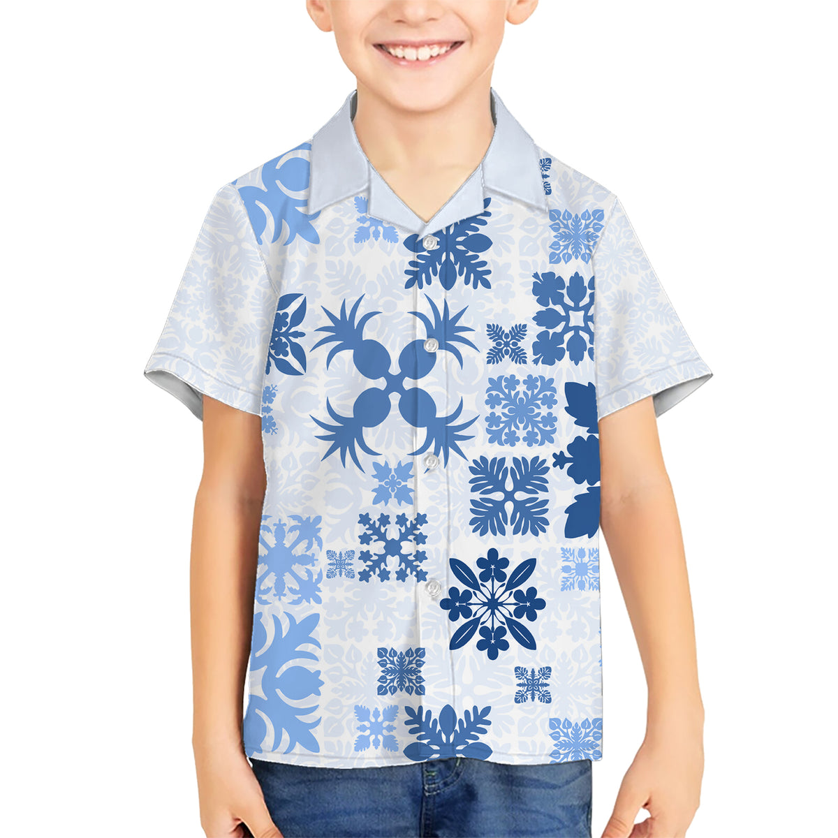 Vintage Hawaii Kid Hawaiian Shirt Hawaiian Quilt Kapa Mismatch Blue - Wonder Print Shop
