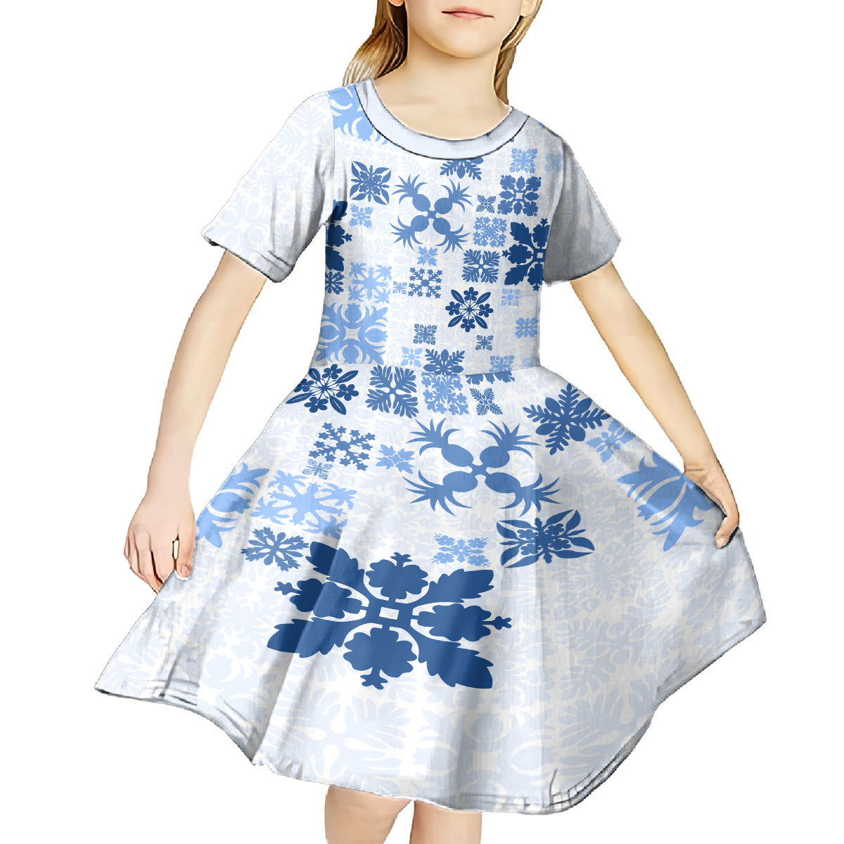 Vintage Hawaii Kid Short Sleeve Dress Hawaiian Quilt Kapa Mismatch Blue - Wonder Print Shop