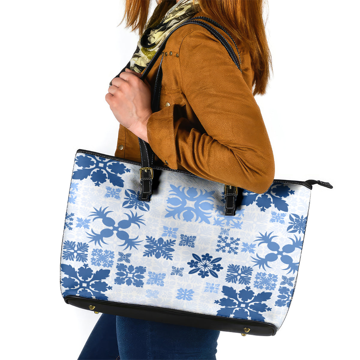 Vintage Hawaii Leather Tote Bag Hawaiian Quilt Kapa Mismatch Blue - Wonder Print Shop