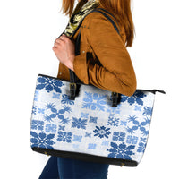 Vintage Hawaii Leather Tote Bag Hawaiian Quilt Kapa Mismatch Blue - Wonder Print Shop
