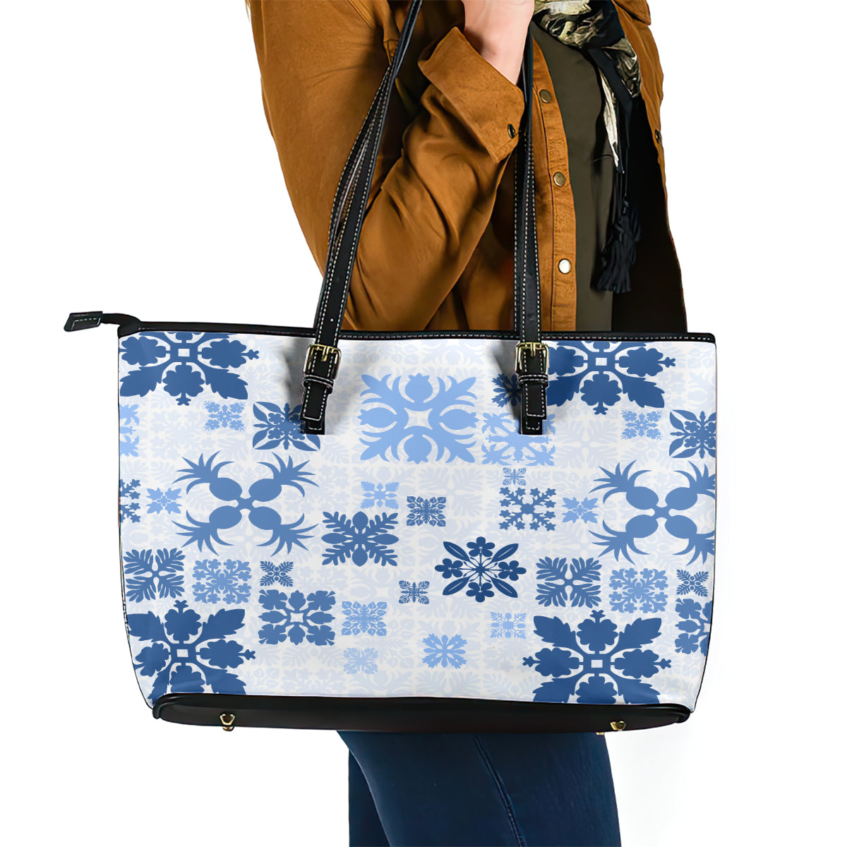 Vintage Hawaii Leather Tote Bag Hawaiian Quilt Kapa Mismatch Blue - Wonder Print Shop
