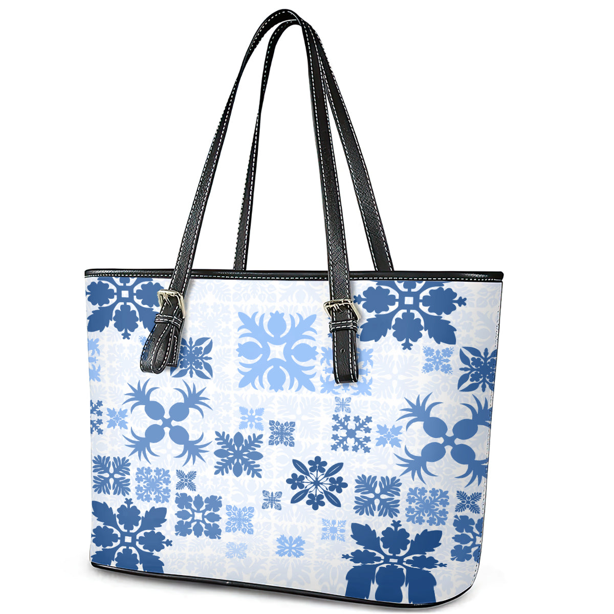 Vintage Hawaii Leather Tote Bag Hawaiian Quilt Kapa Mismatch Blue - Wonder Print Shop