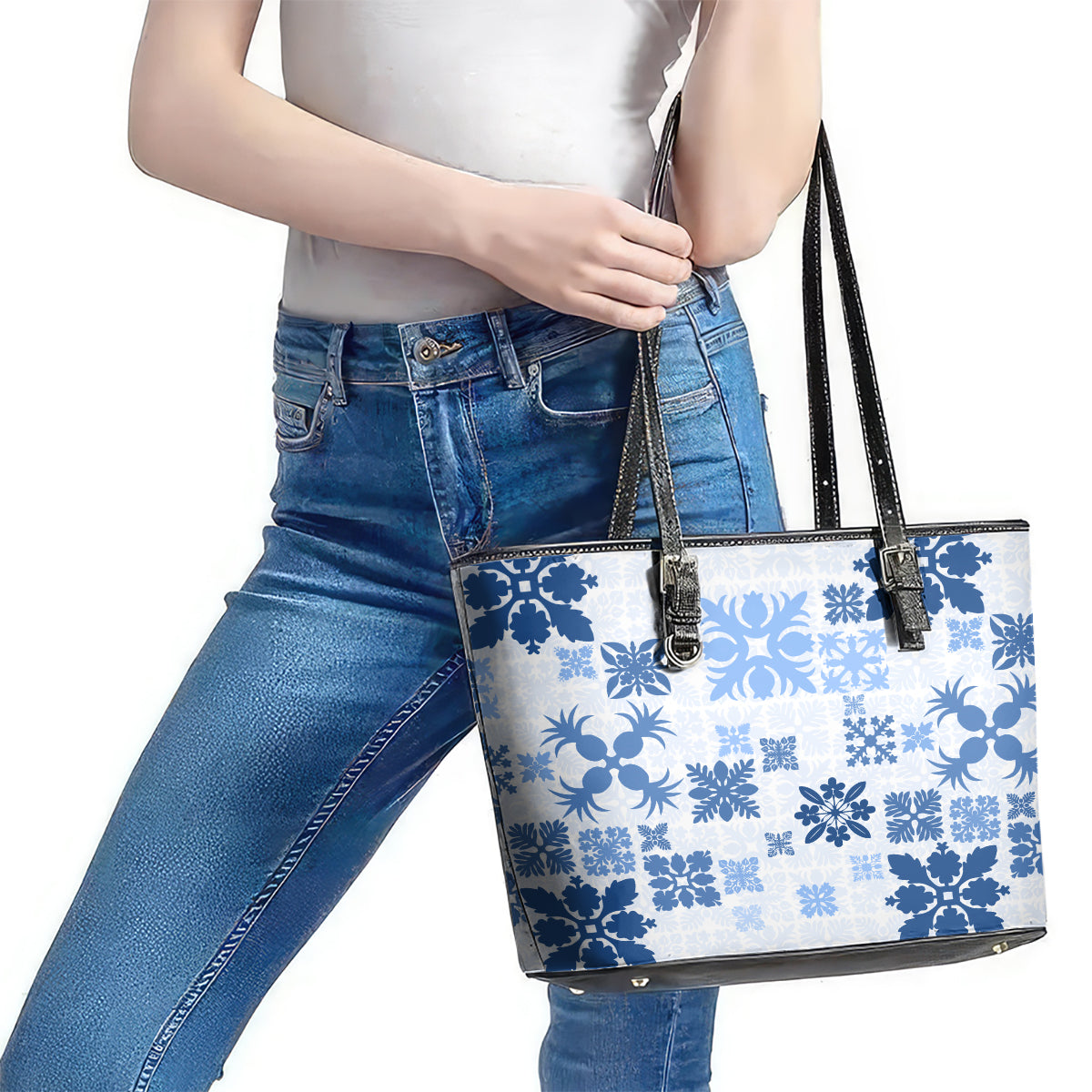 Vintage Hawaii Leather Tote Bag Hawaiian Quilt Kapa Mismatch Blue - Wonder Print Shop