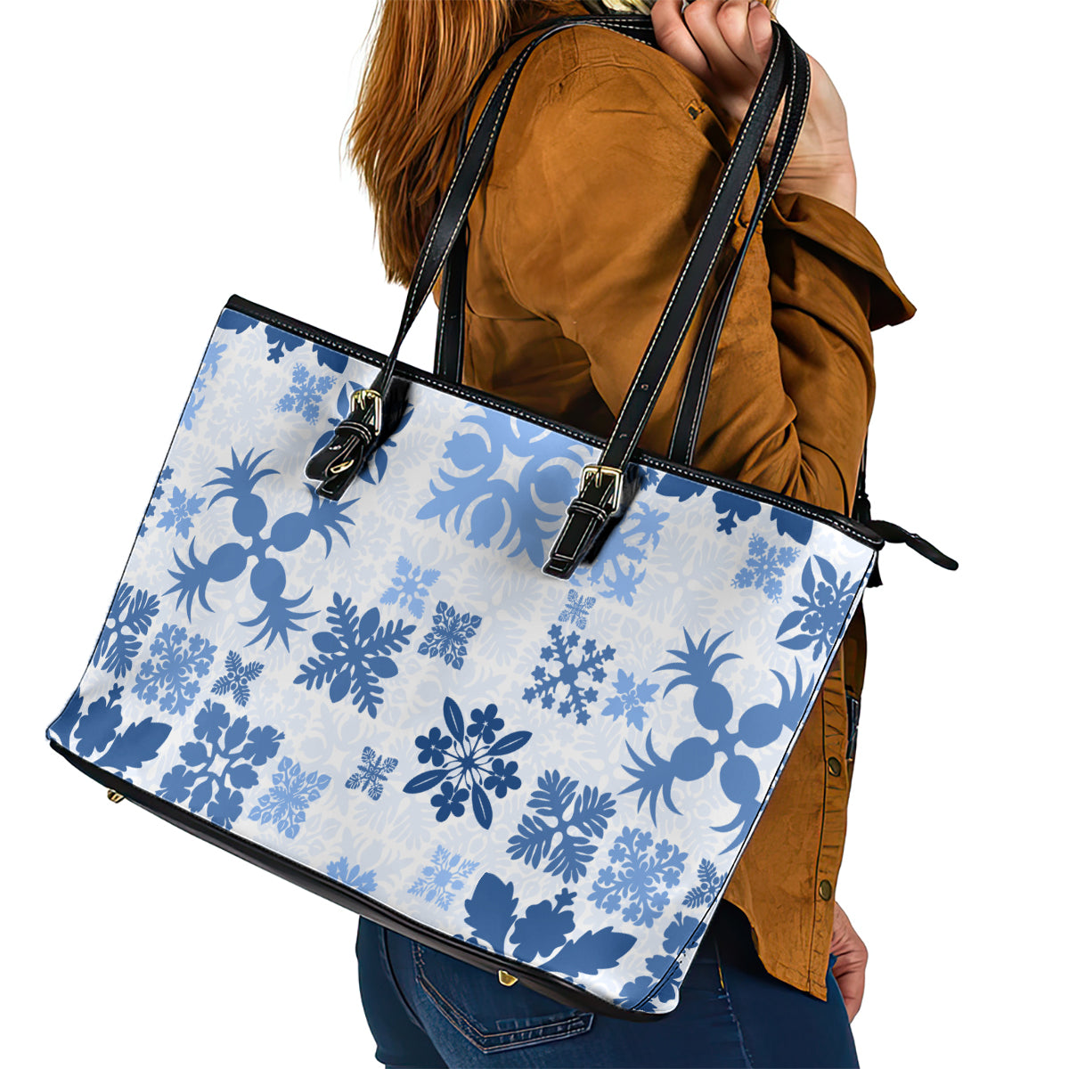 Vintage Hawaii Leather Tote Bag Hawaiian Quilt Kapa Mismatch Blue - Wonder Print Shop