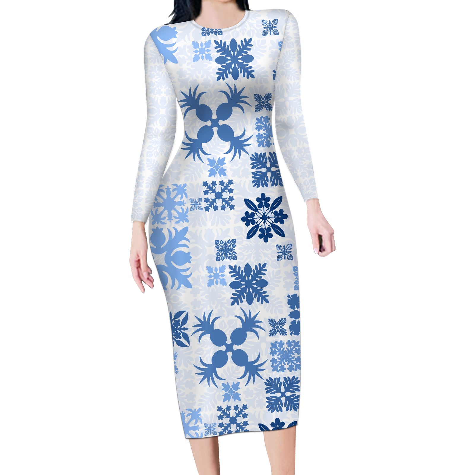 Vintage Hawaii Long Sleeve Bodycon Dress Hawaiian Quilt Kapa Mismatch Blue - Wonder Print Shop