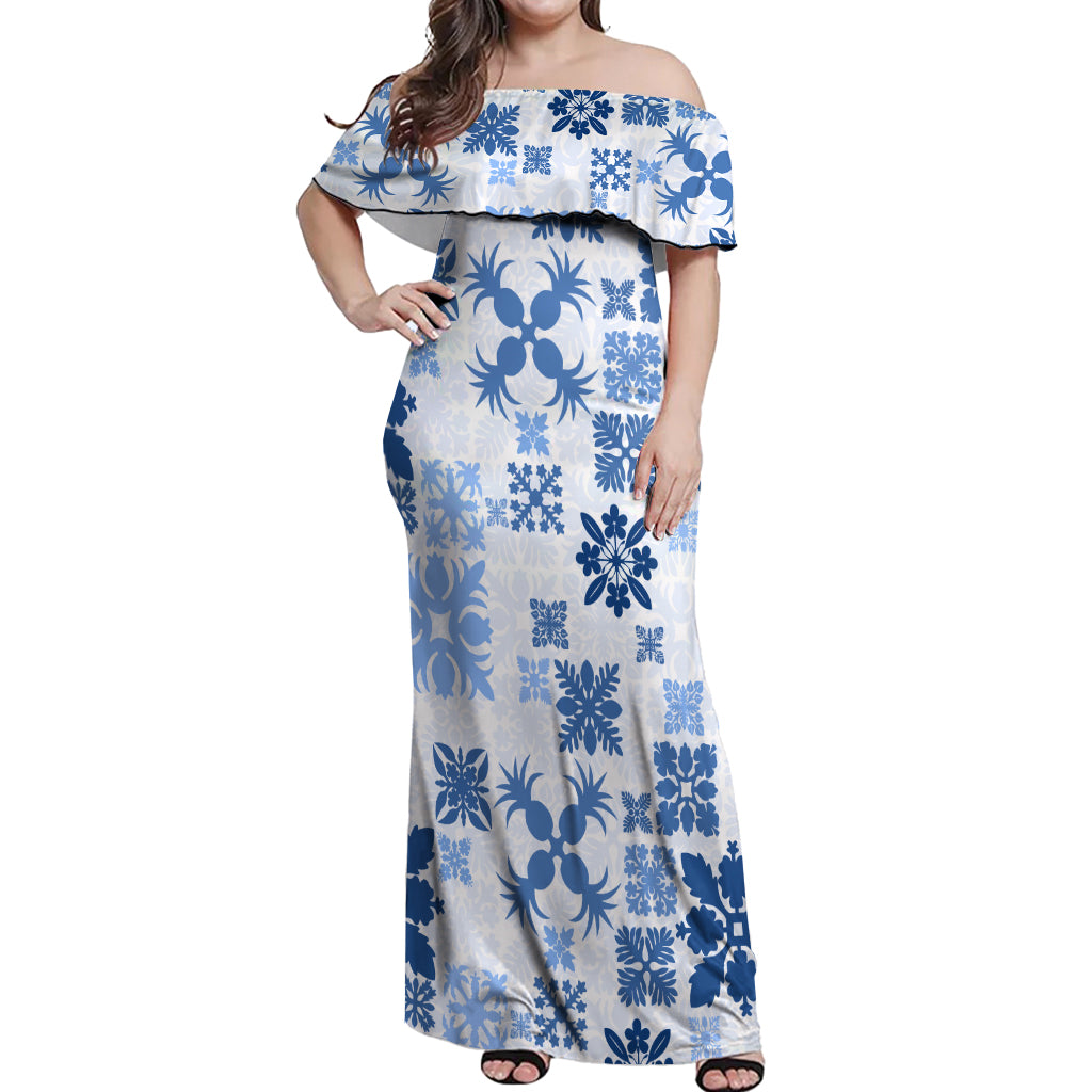 Vintage Hawaii Off Shoulder Maxi Dress Hawaiian Quilt Kapa Mismatch Blue - Wonder Print Shop
