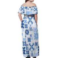Vintage Hawaii Off Shoulder Maxi Dress Hawaiian Quilt Kapa Mismatch Blue - Wonder Print Shop