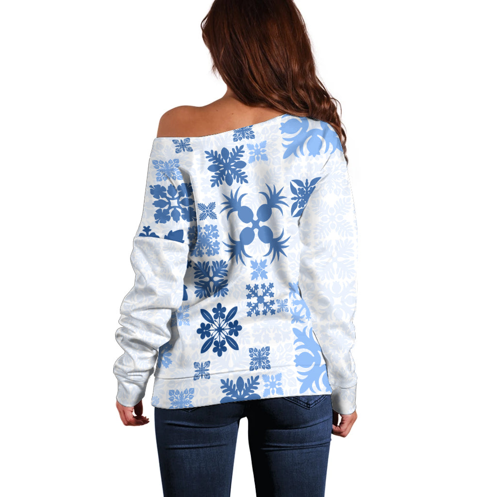 Vintage Hawaii Off Shoulder Sweater Hawaiian Quilt Kapa Mismatch Blue - Wonder Print Shop