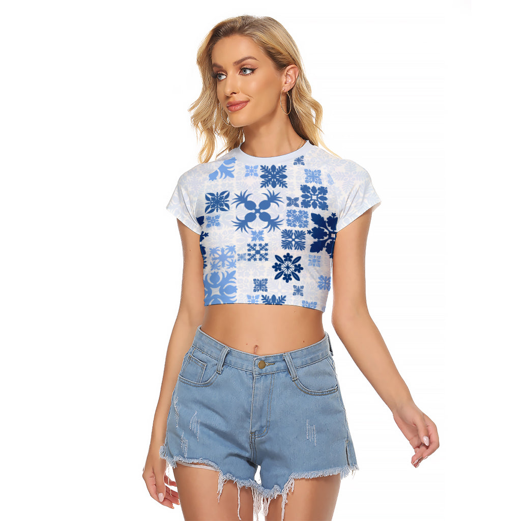 Vintage Hawaii Raglan Cropped T Shirt Hawaiian Quilt Kapa Mismatch Blue - Wonder Print Shop