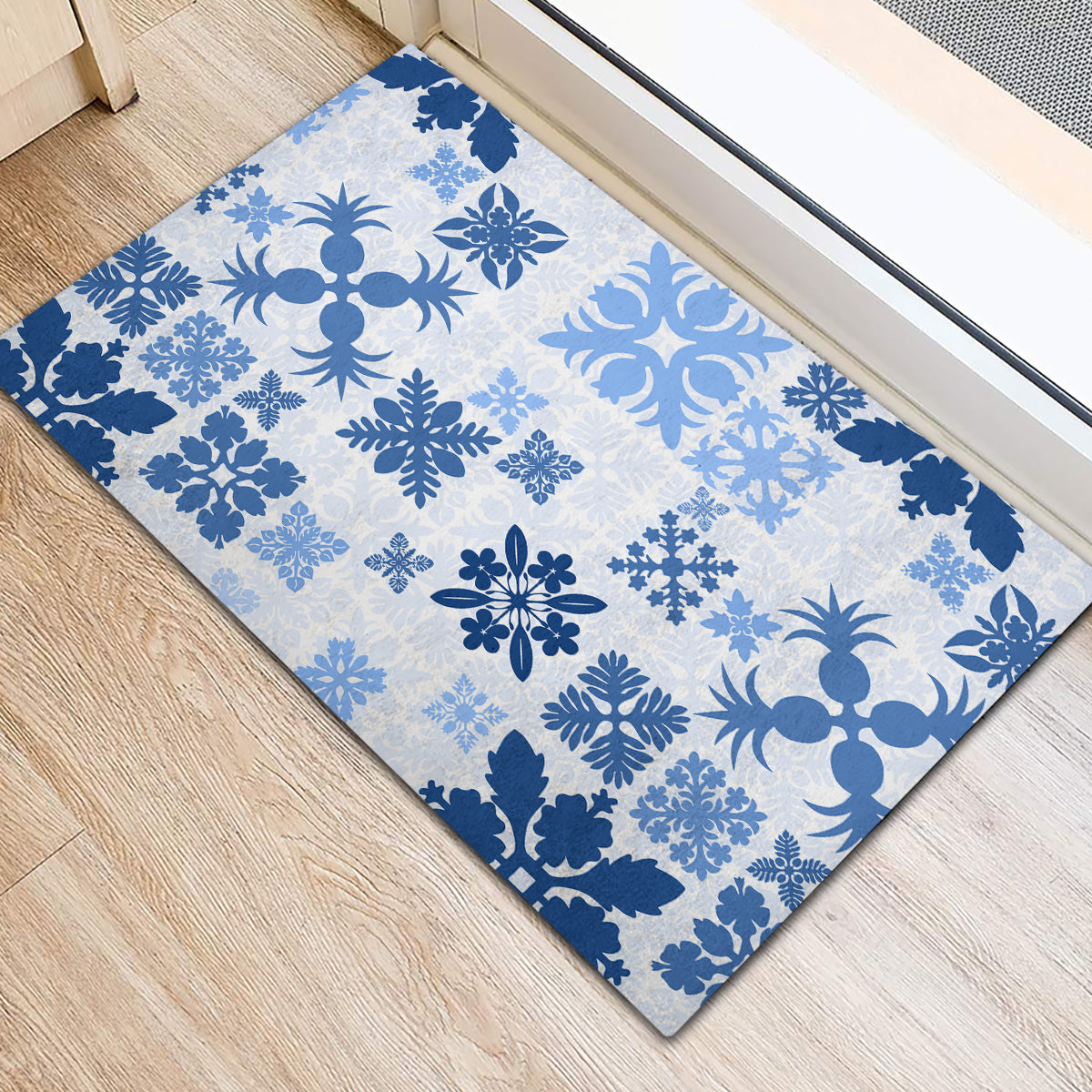 Vintage Hawaii Rubber Doormat Hawaiian Quilt Kapa Mismatch Blue - Wonder Print Shop