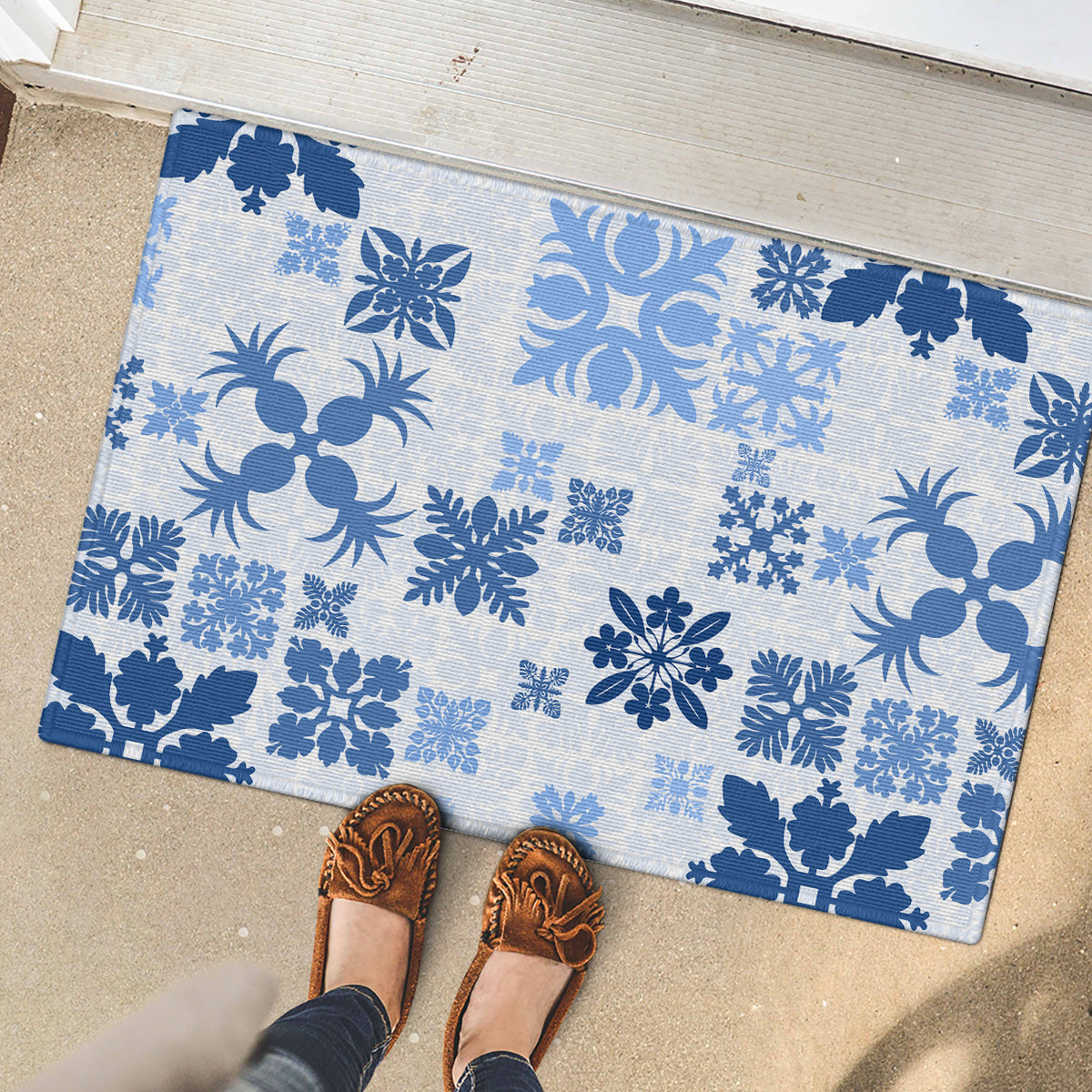 Vintage Hawaii Rubber Doormat Hawaiian Quilt Kapa Mismatch Blue - Wonder Print Shop