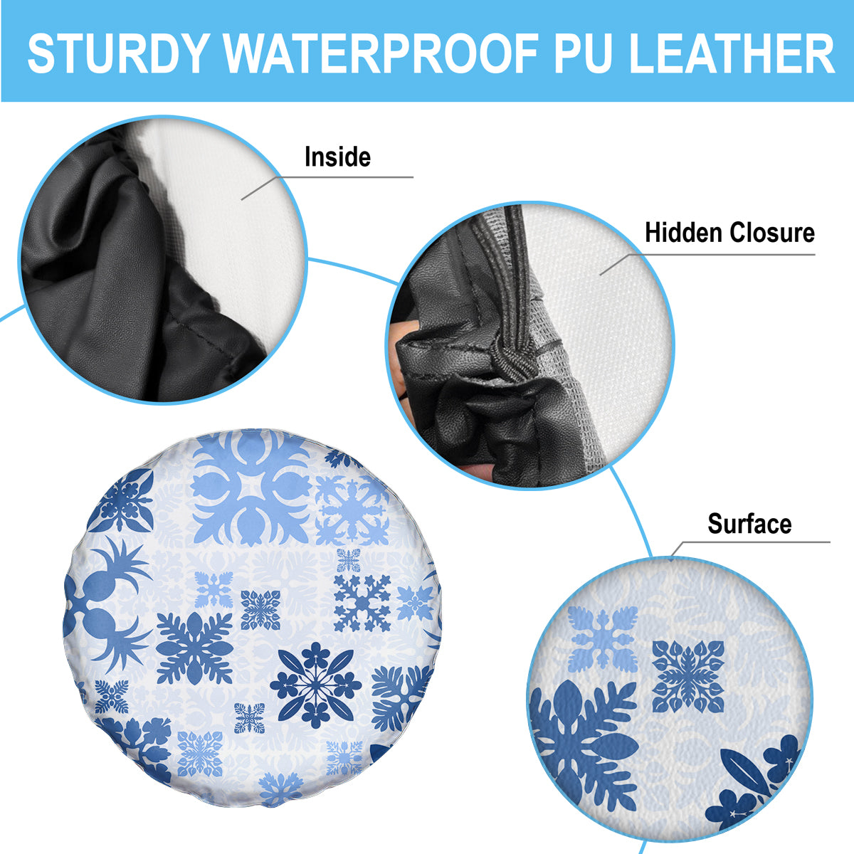 Vintage Hawaii Spare Tire Cover Hawaiian Quilt Kapa Mismatch Blue - Wonder Print Shop