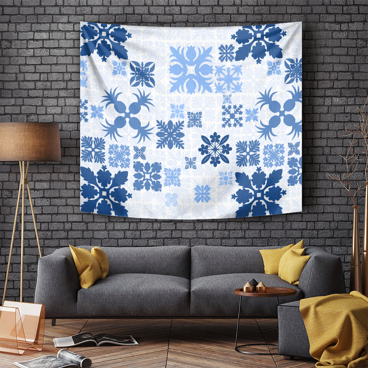 Vintage Hawaii Tapestry Hawaiian Quilt Kapa Mismatch Blue - Wonder Print Shop