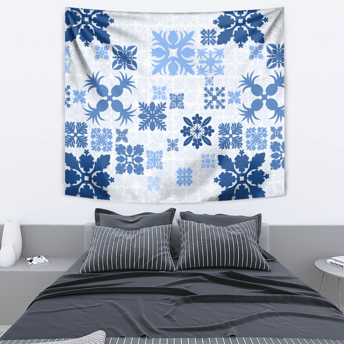 Vintage Hawaii Tapestry Hawaiian Quilt Kapa Mismatch Blue - Wonder Print Shop