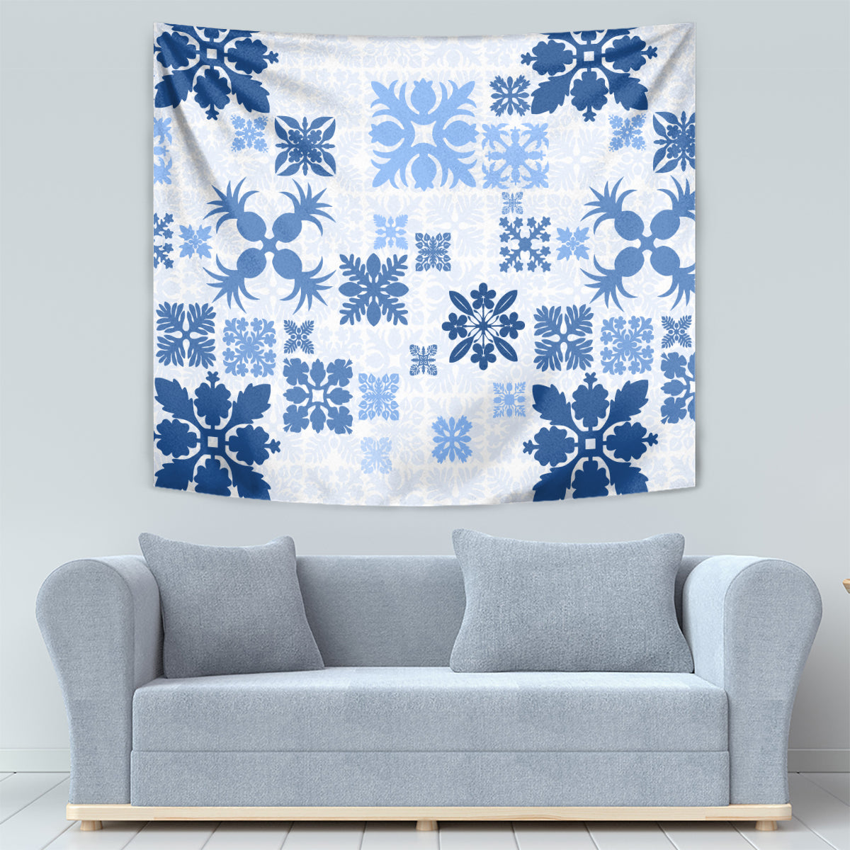 Vintage Hawaii Tapestry Hawaiian Quilt Kapa Mismatch Blue - Wonder Print Shop