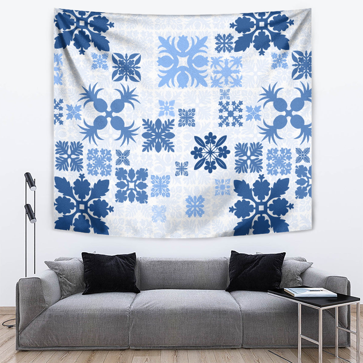 Vintage Hawaii Tapestry Hawaiian Quilt Kapa Mismatch Blue - Wonder Print Shop