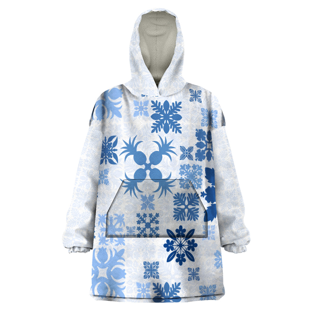 Vintage Hawaii Wearable Blanket Hoodie Hawaiian Quilt Kapa Mismatch Blue - Wonder Print Shop