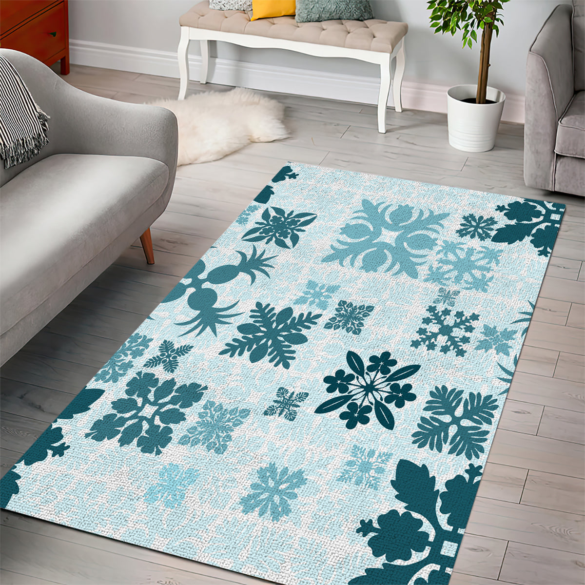 Vintage Hawaii Area Rug Hawaiian Quilt Kapa Mismatch Teal LT7 - Wonder Print Shop