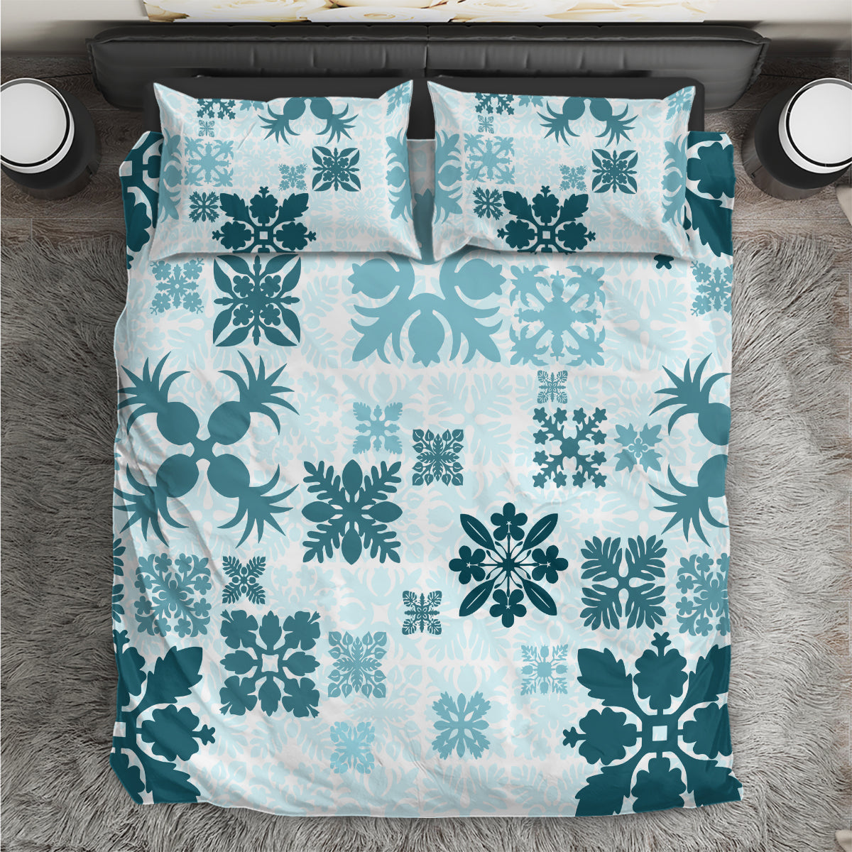 Vintage Hawaii Bedding Set Hawaiian Quilt Kapa Mismatch Teal LT7 - Wonder Print Shop