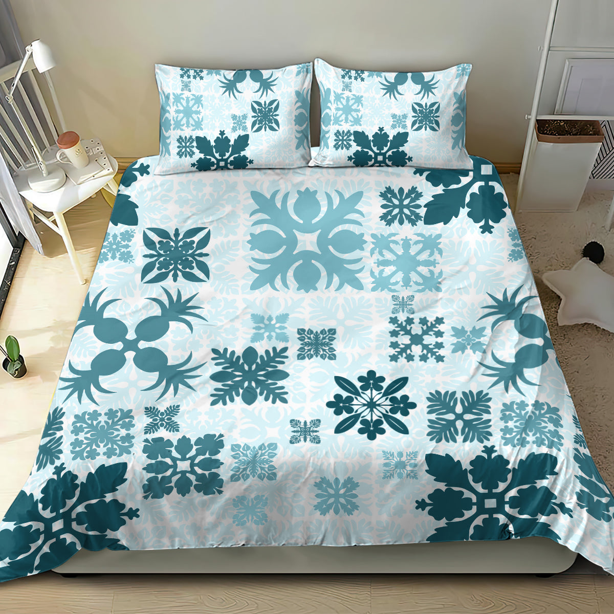 Vintage Hawaii Bedding Set Hawaiian Quilt Kapa Mismatch Teal LT7 - Wonder Print Shop