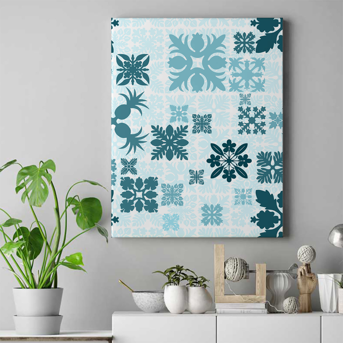 Vintage Hawaii Canvas Wall Art Hawaiian Quilt Kapa Mismatch Teal LT7 - Wonder Print Shop
