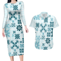 Vintage Hawaii Couples Matching Long Sleeve Bodycon Dress and Hawaiian Shirt Hawaiian Quilt Kapa Mismatch Teal LT7 - Wonder Print Shop