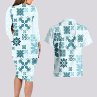 Vintage Hawaii Couples Matching Long Sleeve Bodycon Dress and Hawaiian Shirt Hawaiian Quilt Kapa Mismatch Teal LT7 - Wonder Print Shop