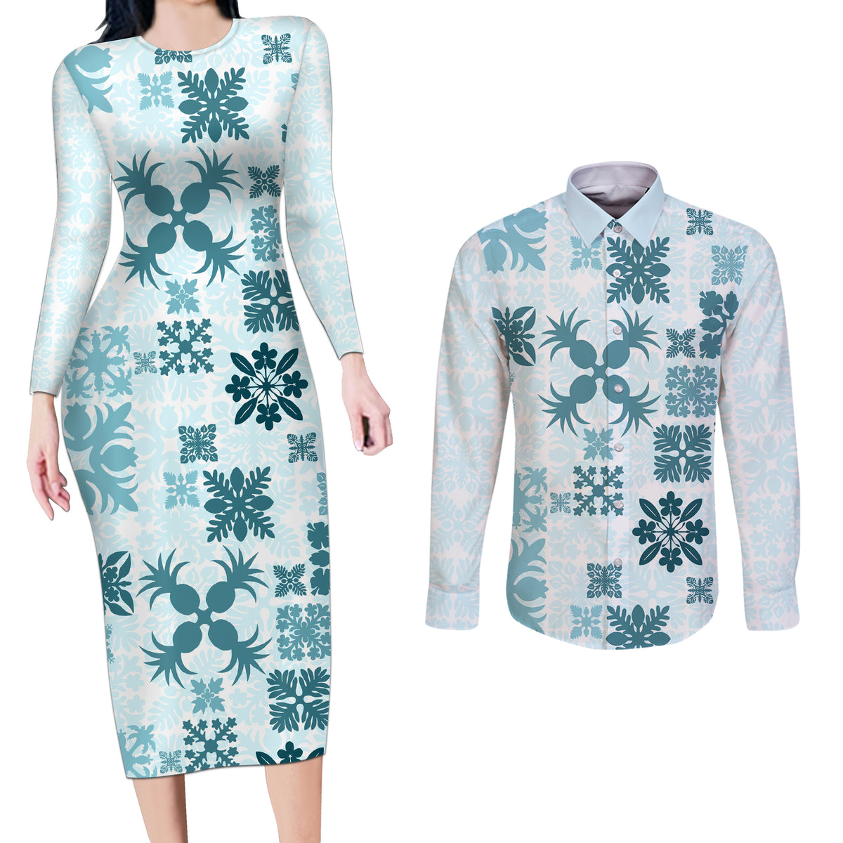 Vintage Hawaii Couples Matching Long Sleeve Bodycon Dress and Long Sleeve Button Shirts Hawaiian Quilt Kapa Mismatch Teal LT7 - Wonder Print Shop