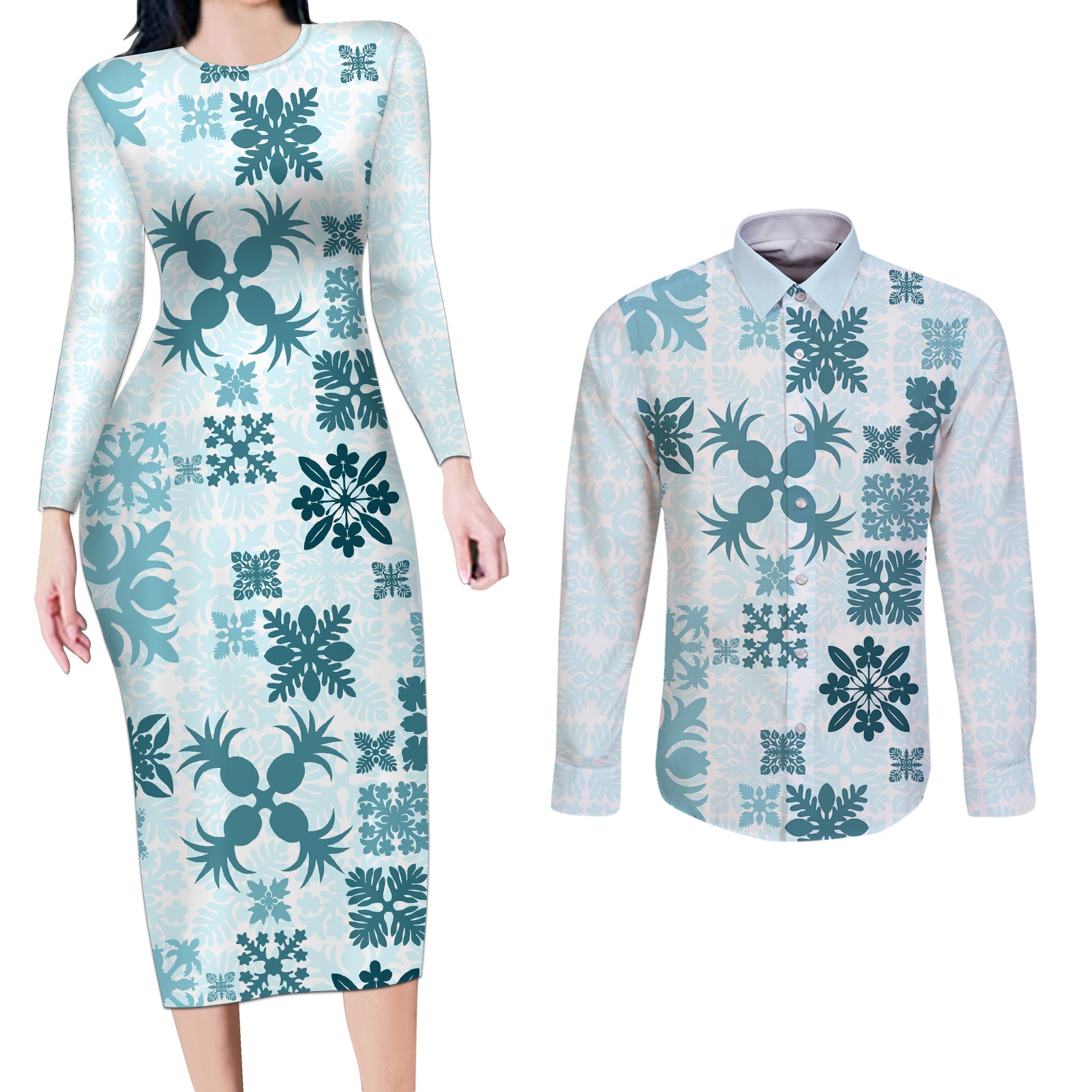Vintage Hawaii Couples Matching Long Sleeve Bodycon Dress and Long Sleeve Button Shirts Hawaiian Quilt Kapa Mismatch Teal LT7 - Wonder Print Shop