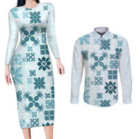 Vintage Hawaii Couples Matching Long Sleeve Bodycon Dress and Long Sleeve Button Shirts Hawaiian Quilt Kapa Mismatch Teal LT7 - Wonder Print Shop