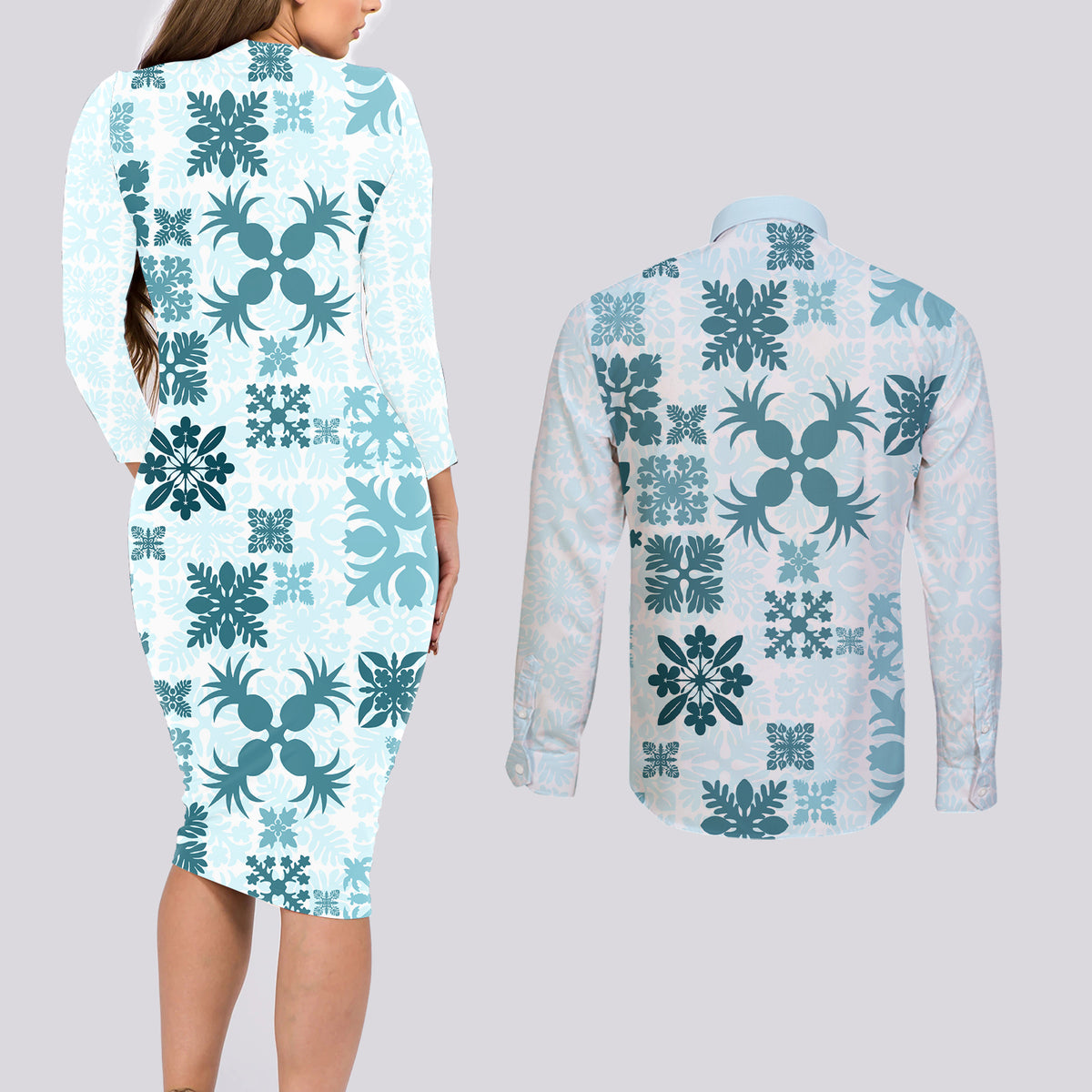 Vintage Hawaii Couples Matching Long Sleeve Bodycon Dress and Long Sleeve Button Shirts Hawaiian Quilt Kapa Mismatch Teal LT7 - Wonder Print Shop