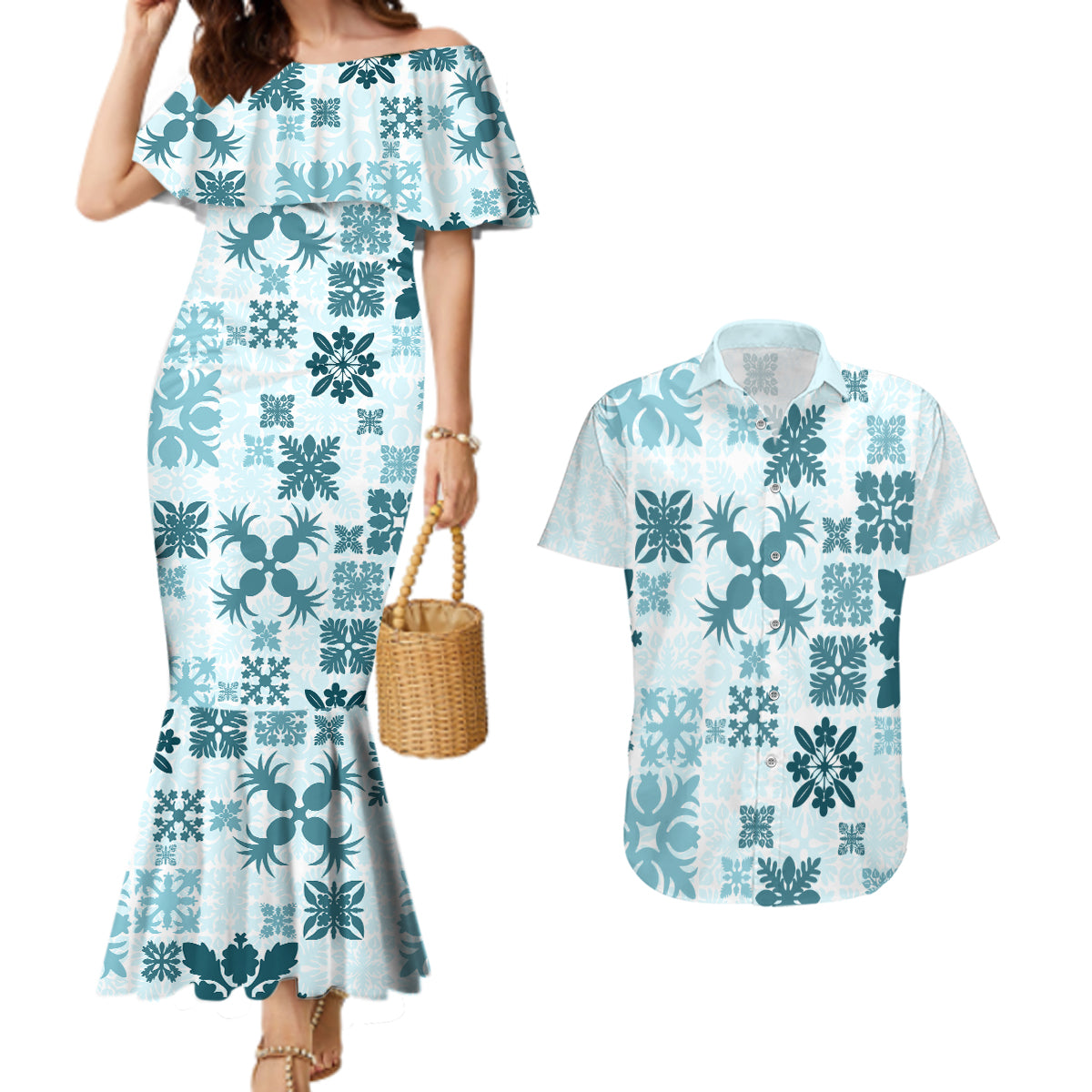 Vintage Hawaii Couples Matching Mermaid Dress and Hawaiian Shirt Hawaiian Quilt Kapa Mismatch Teal LT7 - Wonder Print Shop
