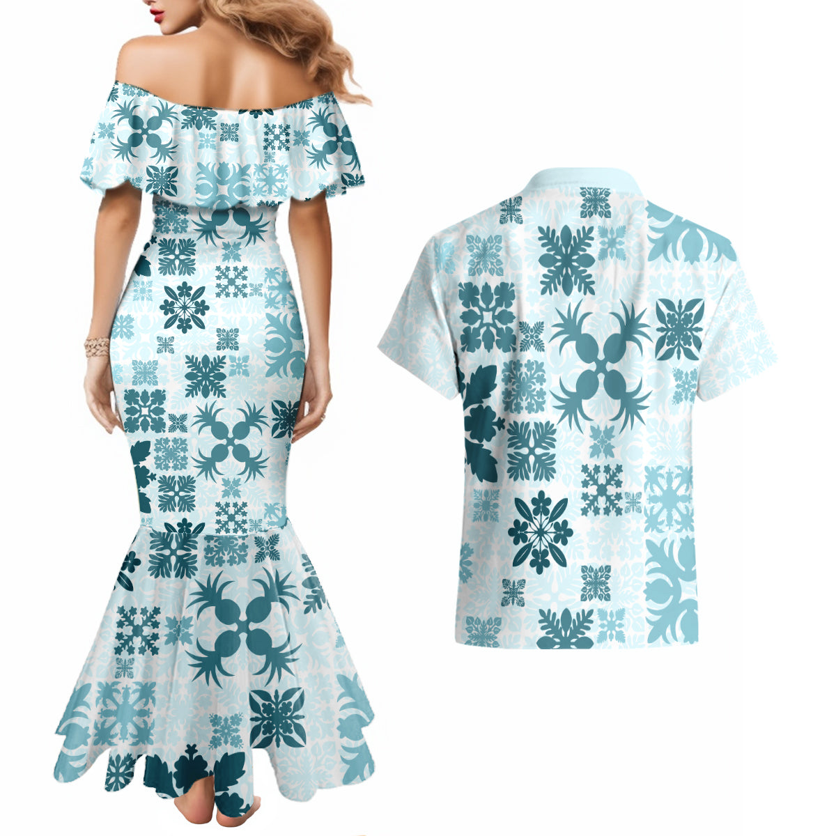 Vintage Hawaii Couples Matching Mermaid Dress and Hawaiian Shirt Hawaiian Quilt Kapa Mismatch Teal LT7 - Wonder Print Shop