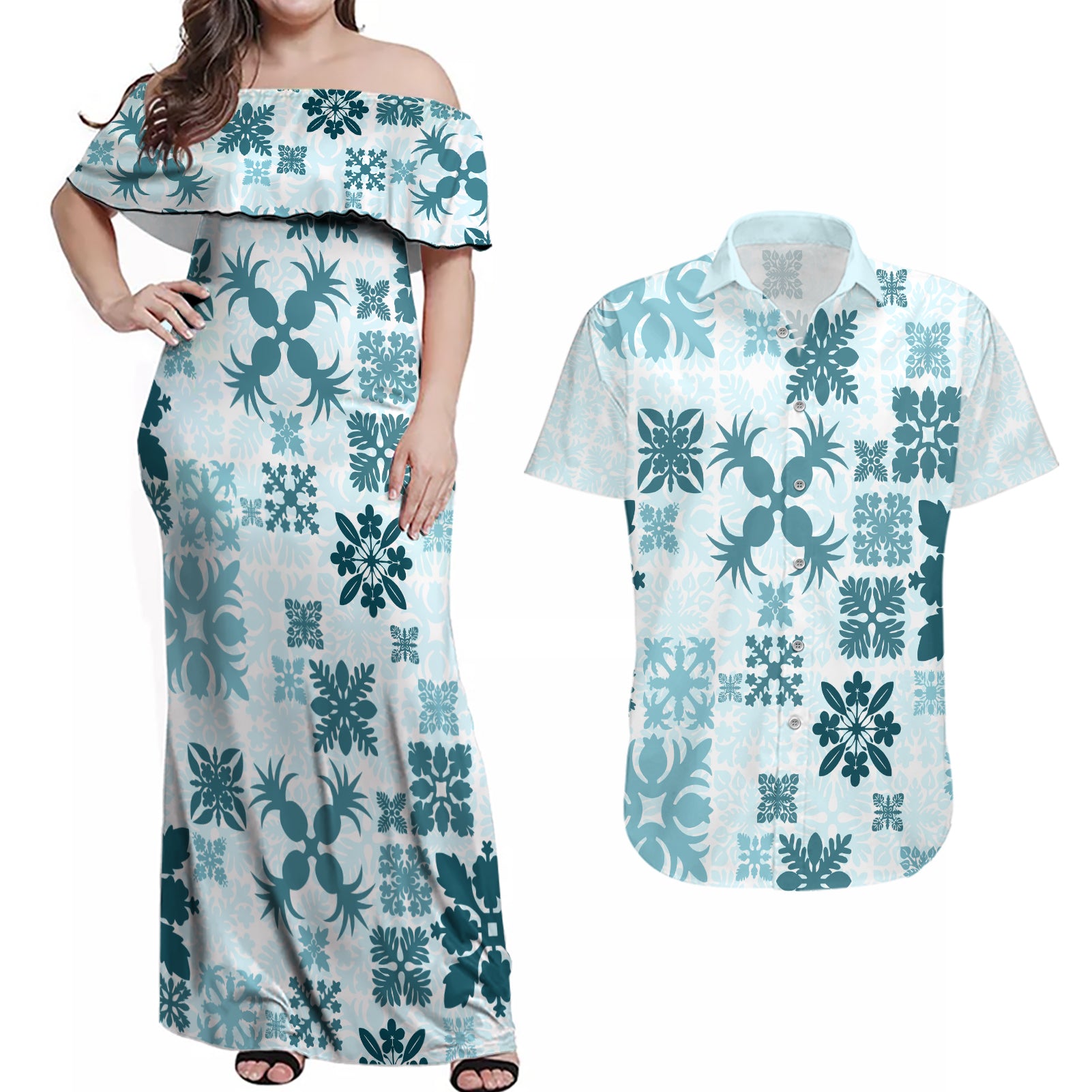 Vintage Hawaii Couples Matching Off Shoulder Maxi Dress and Hawaiian Shirt Hawaiian Quilt Kapa Mismatch Teal LT7 - Wonder Print Shop