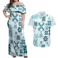Vintage Hawaii Couples Matching Off Shoulder Maxi Dress and Hawaiian Shirt Hawaiian Quilt Kapa Mismatch Teal LT7 - Wonder Print Shop