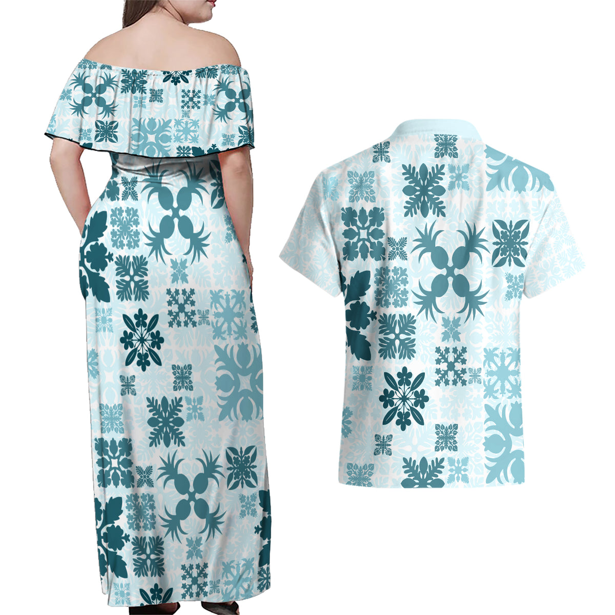 Vintage Hawaii Couples Matching Off Shoulder Maxi Dress and Hawaiian Shirt Hawaiian Quilt Kapa Mismatch Teal LT7 - Wonder Print Shop