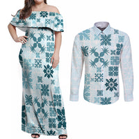 Vintage Hawaii Couples Matching Off Shoulder Maxi Dress and Long Sleeve Button Shirts Hawaiian Quilt Kapa Mismatch Teal LT7 - Wonder Print Shop