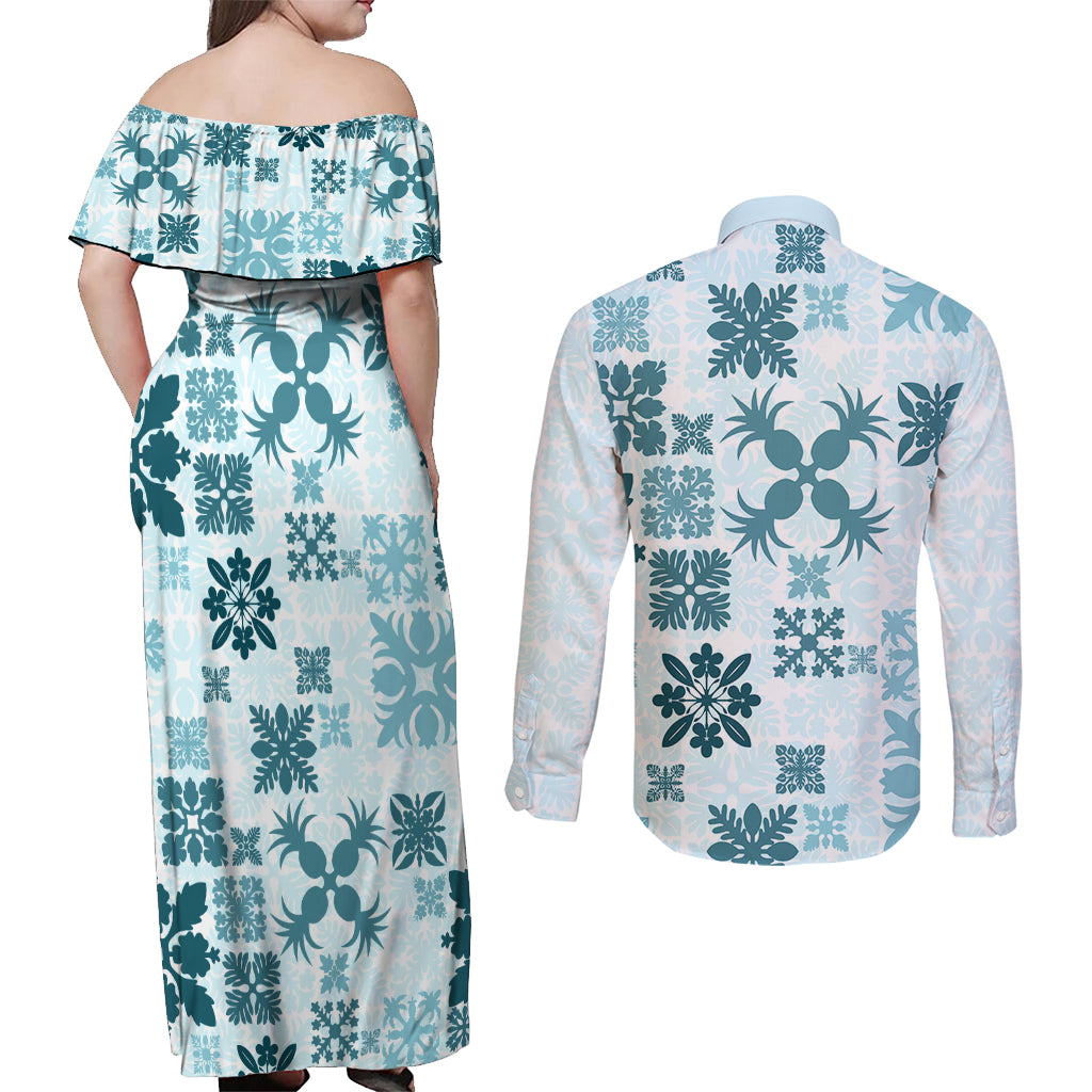 Vintage Hawaii Couples Matching Off Shoulder Maxi Dress and Long Sleeve Button Shirts Hawaiian Quilt Kapa Mismatch Teal LT7 - Wonder Print Shop