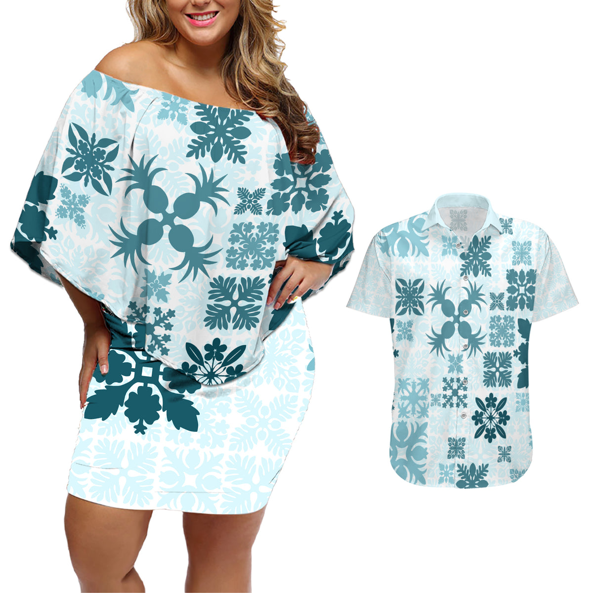 Vintage Hawaii Couples Matching Off Shoulder Short Dress and Hawaiian Shirt Hawaiian Quilt Kapa Mismatch Teal LT7 - Wonder Print Shop