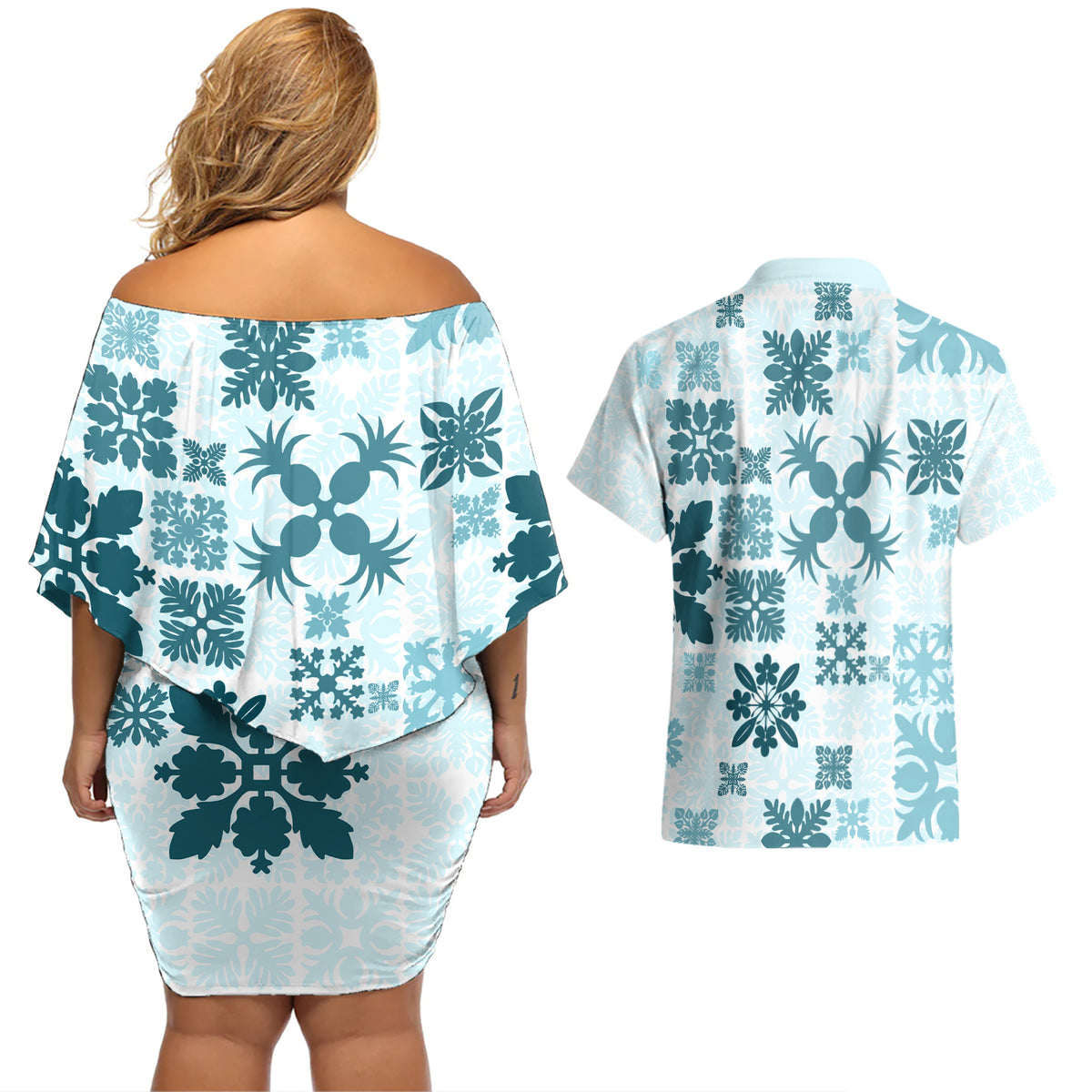 Vintage Hawaii Couples Matching Off Shoulder Short Dress and Hawaiian Shirt Hawaiian Quilt Kapa Mismatch Teal LT7 - Wonder Print Shop