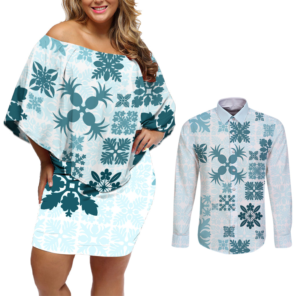 Vintage Hawaii Couples Matching Off Shoulder Short Dress and Long Sleeve Button Shirts Hawaiian Quilt Kapa Mismatch Teal LT7 - Wonder Print Shop