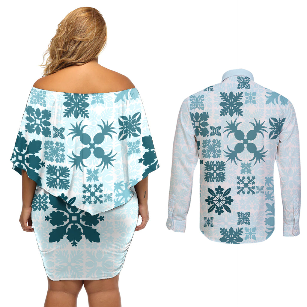 Vintage Hawaii Couples Matching Off Shoulder Short Dress and Long Sleeve Button Shirts Hawaiian Quilt Kapa Mismatch Teal LT7 - Wonder Print Shop