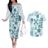 Vintage Hawaii Couples Matching Off The Shoulder Long Sleeve Dress and Hawaiian Shirt Hawaiian Quilt Kapa Mismatch Teal LT7 - Wonder Print Shop