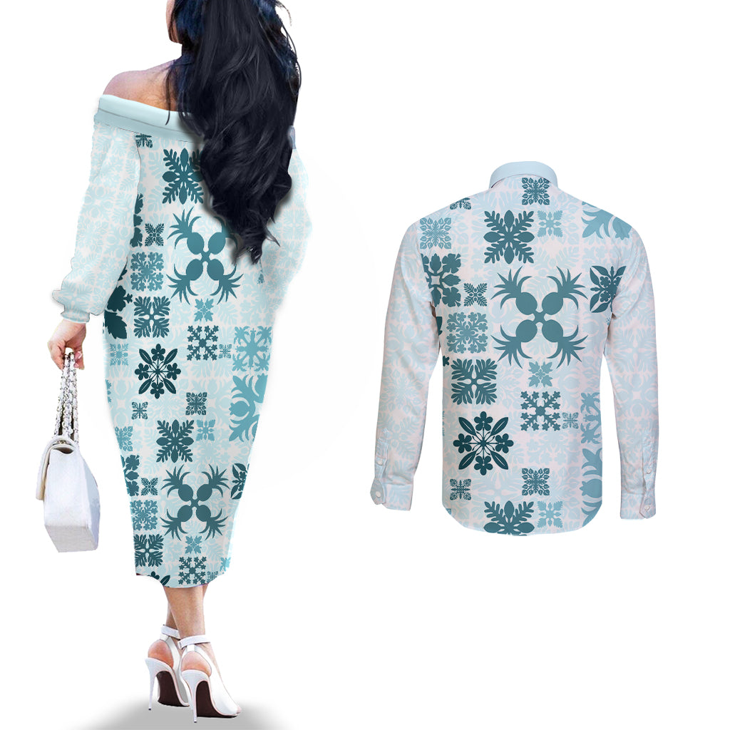 vintage-hawaii-couples-matching-off-the-shoulder-long-sleeve-dress-and-long-sleeve-button-shirts-hawaiian-quilt-kapa-mismatch-teal