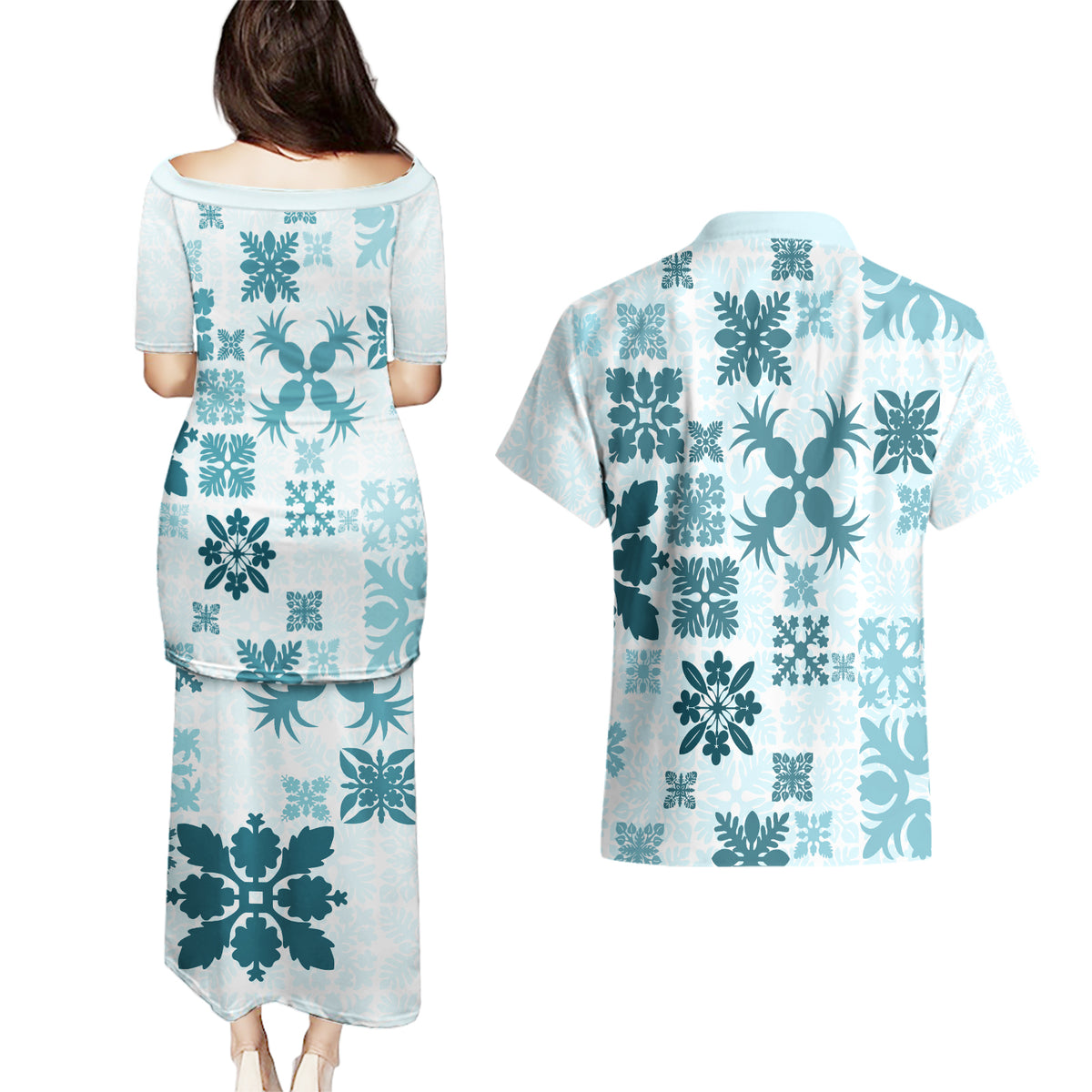 Vintage Hawaii Couples Matching Puletasi Dress and Hawaiian Shirt Hawaiian Quilt Kapa Mismatch Teal LT7 - Wonder Print Shop
